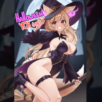 1girl absurdres animal_ears belt belt_buckle black_belt black_leotard black_shoes black_shrug blonde_hair blurry blurry_background braid breasts broom brown_belt buckle coattails collarbone commentary covered_navel curvy english_commentary fennec_fox fox_ears fox_girl fox_tail gift_art grin halloween halloween_costume hand_on_headwear hat hat_belt hat_tip high_heels highleg highleg_leotard highres holding holding_broom indie_virtual_youtuber large_breasts leg_up leotard long_hair long_sleeves looking_at_viewer oasis_(vtuber) pillarboxed price rainenleaf red_eyes shoes shrug_(clothing) smile solo star_(symbol) strapless strapless_leotard tail teeth thick_thighs thigh_belt thigh_strap thighs virtual_youtuber wide_hips witch witch_hat