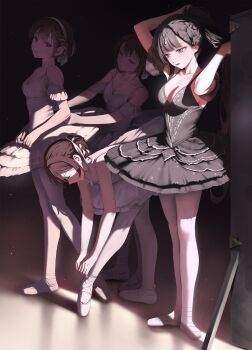 4girls absurdres ballerina ballet ballet_dress ballet_slippers balletcore bangsom bare_shoulders black_dress black_hair braid breasts brown_eyes brown_hair cleavage closed_eyes closed_mouth collarbone dress hair_bun hair_ornament hair_ribbon highres leotard long_hair maya_(bangsom) medium_breasts multiple_girls open_mouth original pantyhose pink_pantyhose purple_eyes ribbon short_hair stage teeth tutu tying_hair white_dress white_pantyhose