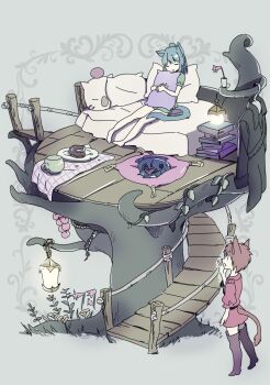 Rule 34 | 2girls, 6 (roku), animal ears, bed, blue hair, book, brown hair, donut, female focus, final fantasy, final fantasy xiv, flower, food, highres, miqo'te, multiple girls, nature, outdoors, pillow, tail, tree