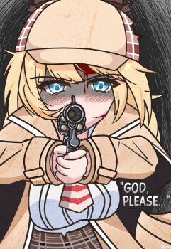 1girl absurdres blonde_hair blood blue_eyes brown_capelet brown_hat brown_skirt capelet collared_shirt deerstalker gun hat high-waist_skirt highres holding holding_gun holding_weapon hololive hololive_english jacket looking_at_viewer necktie potatoisnotcute red_necktie shirt short_hair skirt solo virtual_youtuber watson_amelia watson_amelia_(1st_costume) weapon white_shirt