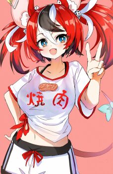 1girl absurdres alternate_costume animal_ear_fluff animal_ears black_bra black_hair black_streaks blue_eyes blush bow bra bra_visible_through_clothes breasts clothes_writing commentary dice_hair_ornament double-parted_bangs fang food food_on_body food_on_breasts hair_between_eyes hair_ornament hakos_baelz hand_on_own_hip highres hololive hololive_english meat medium_breasts midriff mouse_ears mouse_tail mousetrap multicolored_hair navel object_on_breast open_mouth pink_background red_hair see-through_clothes see-through_shirt shirt shorts smile tail tail_bow tail_ornament tied_shirt twintails uduki2025 underwear uneven_twintails v virtual_youtuber white_hair white_shirt white_shorts