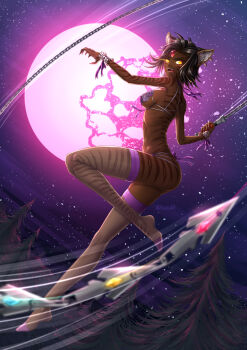 1girl adsouto animal_ear_fluff animal_ears artist_name black_hair bra breasts broken_moon chain chain_whip chainsword claws dark-skinned_female dark_skin earrings fangs female_focus forehead_jewel forest glowing glowing_eyes highres hoop_earrings jewelry lingerie looking_at_viewer medium_breasts moon motion_blur motion_lines nature night no_shoes open_mouth panties profile purple_bra purple_panties purple_thighhighs rwby see-through_clothes short_hair sienna_khan sky solo star_(sky) starry_sky thighhighs tiger_ears tiger_stripes underwear weapon whip_sword wrist_cuffs yellow_eyes