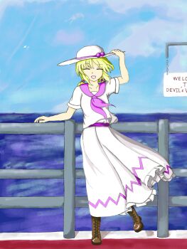 1girl blonde_hair boots brown_boots closed_eyes furugetsu hand_on_headwear hat hat_ribbon highres louise_(touhou) mystic_square neckerchief ocean open_mouth ribbon sailor_collar shirt short_sleeves sign sun_hat touhou touhou_(pc-98)