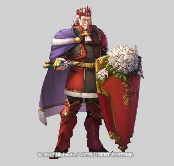 Rule 34 | 1boy, armor, armored boots, beard, belt, boots, cape, copyright notice, crown, dagger, facial hair, fire emblem, fire emblem echoes: shadows of valentia, fire emblem heroes, flower, full body, fur trim, grey background, knife, leaf, long hair, male focus, miyamoto satoru, nintendo, official art, rose, rudolf (fire emblem), rudolf (valentine) (fire emblem), shield, solo, weapon, white hair