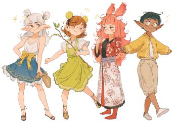 Rule 34 | 4girls, aged down, animal ears, asimov (spindle (aidenr0)), bare shoulders, belt, black trim, blue eyes, blue skirt, blunt bangs, blush, bob cut, bow, bright pupils, brown eyes, brown footwear, brown hair, brown pants, capri pants, closed eyes, closed mouth, commentary, cross-laced footwear, dark-skinned female, dark skin, double bun, dress, ear blush, elf, english commentary, felt (spindle (aidenr0)), floral print, floral print shirt, floral print skirt, frilled skirt, frills, full body, green dress, green hair, hair bun, half-closed eyes, hand on own hip, hands up, highres, holding, holding sack, holding stick, index fingers together, layered shirt, leaf, long hair, looking at another, looking at viewer, loose hair strand, messy hair, multiple girls, narrowed eyes, nose blush, original, ottilie (spindle (aidenr0)), outstretched arms, pants, pinafore dress, pink hair, pointy ears, pout, print skirt, purple belt, purple sash, rabbit ears, rabbit girl, rabbit tail, red shirt, red socks, sack, sandals, sash, shirt, shoes, short hair, skirt, sleeveless, sleeveless dress, slippers, smile, socks, spindle (aidenr0), standing, stick, swept bangs, tail, tank top, therese (spindle (aidenr0)), very long hair, very short hair, white dress, white footwear, white hair, white pupils, white shirt, white skirt, white tank top, yellow belt, yellow bow, yellow eyes, yellow sash, yellow shirt, yellow trim