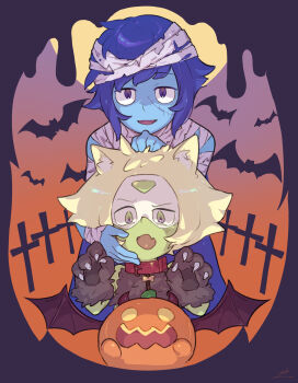 2girls absurdres animal_hands bat_(animal) blonde_hair blue_eyes blue_hair blue_skin collar colored_skin commentary_request fang gloves green_eyes green_skin halloween hatoridayou highres jack-o&#039;-lantern kemonomimi_mode lapis_lazuli_(steven_universe) looking_at_viewer multiple_girls mummy_costume open_mouth paw_gloves peridot_(steven_universe) red_collar short_hair skin_fang steven_universe upper_body