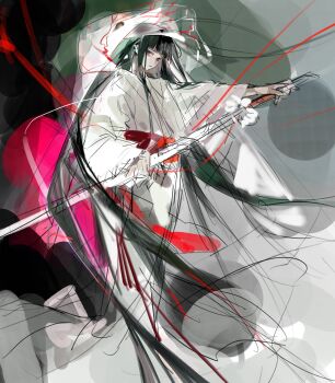 1girl absurdres black_hair bridal_veil chinese_commentary closed_mouth commentary highres holding holding_sword holding_weapon hood japanese_clothes jingshenhuanghu katana kimono limbus_company long_hair long_sleeves looking_at_viewer project_moon red_eyes ryoshu_(project_moon) see-through_clothes shiromuku sketch solo sword uchikake veil wataboushi weapon white_kimono wide_sleeves