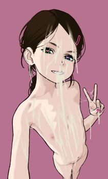 1girl black_hair blue_eyes bluesalm0n braces brown_hair completely_nude cum cum_on_body cum_on_hair facial flat_chest green_eyes grin hair_ornament hairclip heart heart-shaped_pupils heterochromia highres loli long_hair looking_at_viewer nail_polish navel nipples nude original pink_background pink_nails selfie simple_background smile solo standing symbol-shaped_pupils teeth v