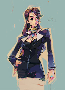 1girl ace_attorney alt_text artist_name breasts brown_hair cleavage contrapposto earrings hand_on_own_hip highres jewelry large_breasts long_hair magatama magatama_necklace mia_fey michaelfirman mole mole_under_mouth necklace parted_lips scarf simple_background solo