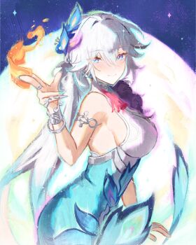 1girl armlet between_fingers blue_eyes bluvianna bracelet breasts bright_pupils dress gradient_hair hashtag-only_commentary highres holding honkai:_star_rail honkai_(series) jewelry large_breasts multicolored_hair nail_polish ofuda ofuda_between_fingers peacock_feathers_hair_ornament ring sleeveless smile tassel white_hair yao_guang_(honkai:_star_rail)