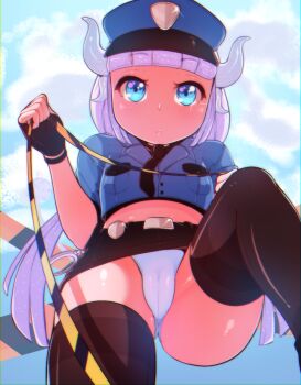 1girl ass black_gloves black_skirt black_thighhighs blue_eyes blunt_bangs blush cameltoe cowboy_shot dragon_girl female_focus femdom fingerless_gloves from_below gloves hat horns kanna_kamui kobayashi-san_chi_no_maidragon leash loli lolidom looking_at_viewer monster_girl multicolored_hair one_leg_raised panties pantyshot police police_hat police_uniform pov purple_hair sachiko_shirayuki shiny_skin skirt solo source_request thick_thighs thighhighs thighs underwear upskirt viewer_on_leash