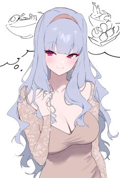 1girl blunt_bangs blush breasts cleavage earrings grey_hair grey_shirt highres idolmaster idolmaster_(classic) imagining jewelry large_breasts long_hair long_sleeves midnamana partially_colored pink_eyes shijou_takane shirt smile solo upper_body v-neck very_long_hair