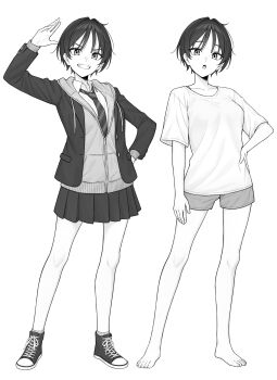 1girl :d absurdres bare_legs barefoot blazer blush collarbone greyscale hair_between_eyes hand_on_own_hip highres jacket long_sleeves miniskirt monochrome necktie ochiai_miyabi open_clothes open_jacket open_mouth original pleated_skirt school_uniform shirt shoes short_hair short_shorts short_sleeves shorts skirt smile sneakers standing striped_clothes striped_shirt tomboy