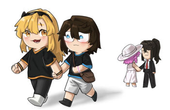 4girls alternate_costume bag black_hairband black_pants black_shirt blonde_hair character_request chibi commentary dress glasses gmeg011 green_shirt grey_background hairband hat holding_hands kirahoshi_aika koishikawa_iko long_hair momijiyama_teru multiple_girls pants ponytail shirt shoes shorts shoulder_bag shy_(series) smile symbol-only_commentary two-tone_shirt white_dress white_hat white_shorts