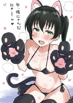 1girl animal_ear_fluff animal_ears bikini black_bikini black_hair black_thighhighs blush breasts cat_ears cat_tail claw_pose cleavage gloves gradient_hair green_eyes green_hair heart japanese_text love_live! love_live!_nijigasaki_high_school_idol_club medium_hair multicolored_hair navel open_mouth paw_gloves paw_shoes puri_0228 side-tie_bikini_bottom sitting small_breasts smile solo sweat swimsuit tail takasaki_yu thighhighs twintails wariza white_background