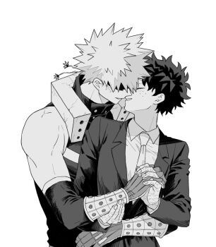 2boys arm_around_waist bakugou_katsuki bare_shoulders boku_no_hero_academia closed_eyes collared_shirt commentary_request detached_sleeves eye_mask freckles gloves greyscale highres imminent_kiss interlocked_fingers jacket korean_commentary labhu lapels male_focus mask midoriya_izuku monochrome multiple_boys necktie notched_lapels open_clothes open_jacket scar scar_on_hand shirt short_hair simple_background smile spiked_hair suit_jacket superhero_costume white_background wing_collar yaoi