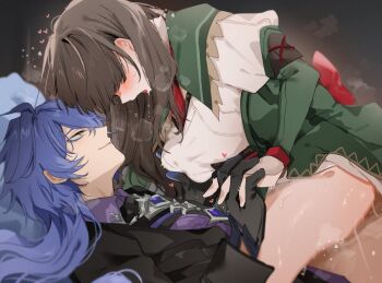 1boy 1girl black_gloves blue_hair blush breasts brown_hair clothed_sex commission dress faceless faceless_female flins_(genshin_impact) genshin_impact girl_on_top gloves hair_between_eyes heart hetero holding_hands large_breasts long_hair long_sleeves lying nonoyama on_back original saliva sex skeb_commission yellow_eyes