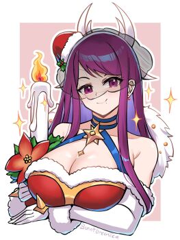 1girl arm_under_breasts armpit_crease bare_shoulders border breasts burnt_green_tea candle christmas cleavage closed_mouth commentary elbow_gloves english_commentary fire fire_emblem fire_emblem_engage fire_emblem_heroes gloves hat highres ivy_(fire_emblem) ivy_(flurry_embrace)_(fire_emblem) large_breasts long_hair nintendo official_alternate_costume outside_border pink_eyes purple_hair santa_hat smile solo sparkle upper_body veil white_border white_gloves