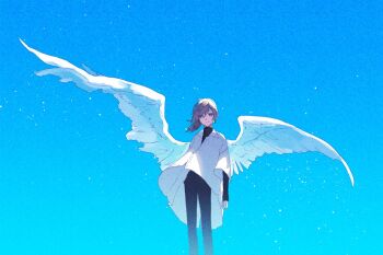 1boy alternate_costume angel_wings black_pants black_shirt blue_background brown_eyes brown_hair closed_mouth cowboy_shot hair_between_eyes hashtag-only_commentary kanae_(nijisanji) light_particles long_hair long_sleeves looking_at_viewer mole mole_under_eye nijisanji oversized_wings pants ponytail roku_(ntbr_fate) shirt smile solo standing virtual_youtuber white_shirt white_wings wings