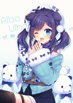 1girl aiba_uiha animal_ears aqua_eyes beret blue_eyes bow braid breasts cardigan cleavage commentary_request dog_ears hair_bow hair_ornament hairclip hat highres long_hair long_sleeves looking_at_viewer mole nijisanji overalls pom_pom_(clothes) purple_bow scarf sidelocks solo stuffed_animal stuffed_toy sweater teddy_bear thighhighs twintails virtual_youtuber white_hat ytuorvi