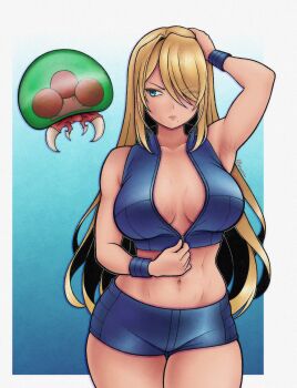 Rule 34 | 1girl, absurdres, antilerhour, armpits, artist name, bare shoulders, blonde hair, blue eyes, blue shirt, blue shorts, breasts, commentary, crop top, english commentary, hair over one eye, highres, large breasts, long hair, metroid, metroid (creature), metroid fusion, midriff, mole, mole under mouth, navel, nintendo, samus aran, shirt, short shorts, shorts, sweat, twitter username, zipper