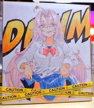 Rule 34 | 1girl, alakoala, blue eyes, blue skirt, character name, competition swimsuit, drum (kancolle), hair ornament, highleg, kantai collection, long hair, looking at viewer, miniskirt, one-piece swimsuit, open mouth, pink hair, pleated skirt, red ribbon, ribbon, shikishi, shirt, skirt, smile, solo, star (symbol), star hair ornament, swimsuit, swimsuit under clothes, teeth, traditional media, white shirt