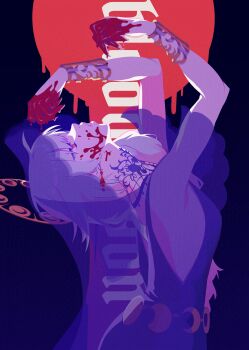 Rule 34 | 1girl, absurdres, adversarial noise, arched back, arms up, black dress, black veil, blood, blood on face, blood on hands, bracer, commentary, dark background, dress, english commentary, english text, facing up, from side, hair ornament, highres, long braid, official alternate costume, profile, red eyes, reverse:1999, semmelweis (reverse:1999), semmelweis (the wax and wane of the heart) (reverse:1999), sleeveless, sleeveless dress, solo, takiminada, upper body, veil, white hair