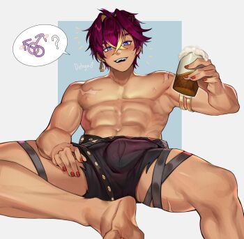 1boy abs absurdres bana_gameg beer_mug blue_eyes blush bulge character_name colored_inner_hair commentary cup dark-skinned_male dark_skin dehya_(genshin_impact) earrings feet genderswap genderswap_(ftm) genshin_impact hair_between_eyes highres holding holding_cup interlocked_mars_symbols jewelry looking_at_viewer male_focus mars_symbol mug multicolored_hair multiple_scars navel nipples pectorals purple_hair red_nails scar scar_on_chest scar_on_leg short_hair shorts soles solo streaked_hair teeth thighs toned toned_male two-tone_hair upper_teeth_only