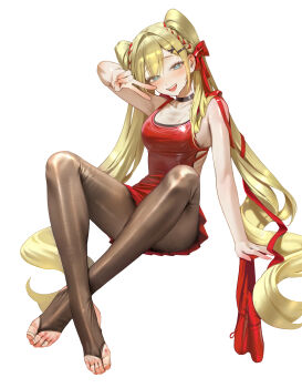 1girl absurdres aqua_eyes arm_support asha_(bangsom) bandaid_on_toe bangsom black_choker black_pantyhose blonde_hair blush bow bridal_legwear choker commentary_request crossed_ankles dress hair_bow hair_ornament hair_ribbon hairclip highres long_hair looking_at_viewer no_shoes original pantyhose red_bow red_dress red_ribbon ribbon sitting solo sweat toes twintails very_long_hair