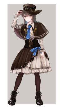 Rule 34 | 1girl, absurdres, adjusting clothes, adjusting headwear, belt, black belt, black boots, black capelet, black pantyhose, black skirt, blue bow, blue necktie, blush, boots, bow, brown eyes, brown hair, brown hat, capelet, closed mouth, clothing request, collared shirt, commentary, dinotodon, frilled skirt, frills, grey background, hat, headwear request, highres, long hair, long sleeves, necktie, original, pantyhose, shirt, skirt, solo, standing, waist bow, white shirt, white skirt