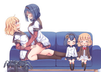 2girls ^_^ aged_down bag black_hairband blonde_hair blue_collar blue_hair blue_skirt blush bow bowtie braid breasts brown_cardigan brown_eyes brown_sailor_collar brown_socks cardigan chibi closed_eyes collar comiket_107 commentary_request contrast_collar couch couple dress eye_contact flat_chest flower flower_hairpin furutani_himawari girl_on_top hair_flower hair_intakes hair_ornament hairband highres holding_hands kneehighs layered_sleeves long_sleeves looking_at_another low_twin_braids low_twintails medium_breasts medium_hair multiple_girls nanamori_school_uniform on_couch oomuro_sakurako open_cardigan open_clothes pleated_dress pleated_skirt red_bow red_bowtie red_dress sailor_collar sailor_shirt school_bag school_uniform shirt short_dress short_over_long_sleeves short_sleeves simple_background sitting sitting_on_person skirt socks sunflower sunflower_hair_ornament sweatdrop takahero thighs twin_braids twintails white_background white_dress white_shirt yellow_eyes yuri yuruyuri