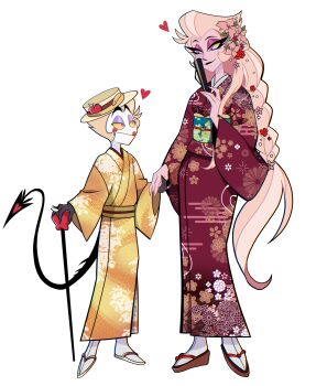 1boy 1girl absurdres apple black_lips blonde_hair chandllucky circle_facial_mark colored_sclera demon_tail flower food fruit full_body hair_flower hair_ornament hand_fan hand_on_cane hand_up hat hazbin_hotel heart height_difference hellaverse highres holding holding_fan holding_hands husband_and_wife japanese_clothes jewelry kimono lilith_(hazbin_hotel) long_hair looking_at_another lucifer_morningstar_(hazbin_hotel) obi ponytail purple_eyes red_eyes red_kimono ring sash short_hair socks tail transparent_background very_long_hair white_socks yellow_hat yellow_kimono yellow_sclera