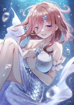 1girl absurdres air_bubble bare_shoulders black_dress blue_eyes blush breasts brown_hair bubble cleavage collarbone commentary_request dress feet_out_of_frame go-toubun_no_hanayome guest_art hachiroku_(hatirokusann86) hair_between_eyes hand_on_own_chest head_chain highres jewelry knees_up large_breasts long_hair long_hair_between_eyes looking_at_viewer nakano_miku off-shoulder_dress off_shoulder official_alternate_costume open_mouth riichi_city solo submerged underwater