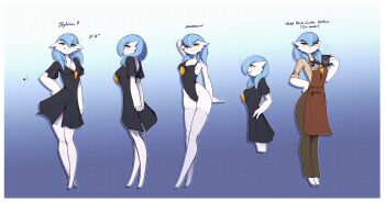 Rule 34 | 1girl, alternate color, apron, arm at side, arm behind head, arm up, arms behind back, backless dress, backless outfit, barefoot, black dress, black neckerchief, black one-piece swimsuit, blue background, blue hair, blue theme, blueman282, blush, border, breasts, brown apron, brown pants, brown shirt, character name, cleavage, collarbone, collared shirt, color guide, colored skin, covered navel, cropped legs, crossed ankles, cup, dress, drop shadow, english text, female focus, full body, gardevoir, gen 3 pokemon, gradient background, grey thighhighs, grin, groin, hair between eyes, hand on own hip, hand up, happy, height, highleg, highleg one-piece swimsuit, holding, holding cup, interlocked fingers, kneepits, legs together, light blush, long hair, looking at viewer, looking back, luxury ball, medium breasts, mug, multiple views, name tag, neckerchief, nintendo, no feet, notice lines, one-piece swimsuit, open mouth, orange eyes, outline, own hands together, pants, pocket, poke ball, pokemon, pokemon (creature), profile, shiny pokemon, shirt, shirt tucked in, short dress, short sleeves, simple background, skindentation, sleeves rolled up, smile, standing, steam, swimsuit, teeth, thighhighs, unownglyphics, venus symbol, white border, white outline, white skin