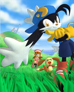 1girl 2boys baby_animal blue_headwear blue_pants blue_sky cabbit cloud dog fur gloves grass highres jewelry kaze_no_klonoa klonoa lolo_(klonoa) multiple_boys official_art pac-man pants pointy_ears popka puppy red_footwear ring sky tower yellow_gloves