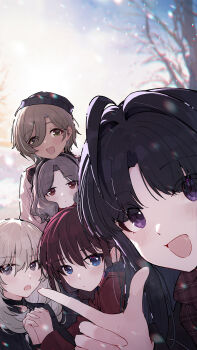 5girls ahoge awa_subaru beanie black_choker black_hair black_hairband black_hat blush brown_hair chinese_commentary choker commentary_request ebizuka_tomo girls_band_cry grey_hair hair_intakes hairband hat highres holding_hands interlocked_fingers iseri_nina kawaragi_momoka low_twintails multiple_girls open_mouth parted_bangs purple_eyes red_eyes rupa_(girls_band_cry) selfie short_hair short_twintails snow togenashi_togeari twintails yun_cao_bing yuri