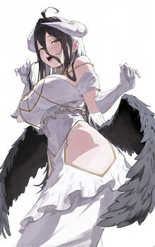 1girl absurdres albedo_(overlord) azov black_hair breasts commentary_request demon_girl demon_horns demon_wings dress highres horns large_breasts long_hair overlord_(maruyama) solo very_long_hair white_dress wings yellow_eyes