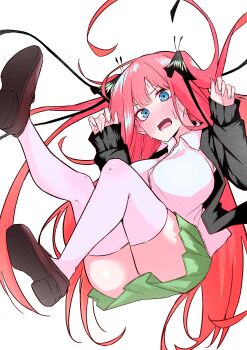 Rule 34 | 1girl, absurdres, asahiyama high school uniform, black cardigan, blue eyes, blush, breasts, butterfly hair ornament, cardigan, collared shirt, commentary, floating, floating hair, full body, go-toubun no hanayome, green skirt, hair ornament, hands up, highres, keiwai (ky), large breasts, legs up, loafers, long hair, long sleeves, looking at viewer, miniskirt, nakano nino, open mouth, pleated skirt, red hair, school uniform, shirt, shoes, simple background, skirt, solo, summer uniform, sweat, thighhighs, thighs, two side up, very long hair, white background, white shirt, white thighhighs