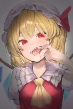 Rule 34 | 1girl, ao hoshi, ascot, bite mark, biting own tongue, blonde hair, blood, blood drip, commentary request, crystal, crystal wings, dot nose, fangs, finger in own mouth, flandre scarlet, frills, hair over one eye, hand up, hat, highres, light blush, looking at viewer, mob cap, multicolored wings, open mouth, red eyes, red pupils, red vest, ribbon, short hair, short sleeves, simple background, solo, straight-on, tongue, tongue out, touhou, upper body, vest, white background, white hat, wings, yellow ascot