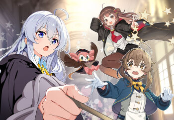 3girls ahoge aru_majo_ga_shinu_made blue_eyes brown_eyes brown_hair charlotte_(madoka_magica) crossover elaina_(majo_no_tabitabi) floating gloves hair_bun hair_ornament hallway holding holding_wand jacket long_hair looking_at_viewer mahou_shoujo_madoka_magica mahou_shoujo_madoka_magica_(anime) majo_no_tabitabi meg_raspberry monica_everett multiple_crossover multiple_girls neck_ribbon necktie nyoro_(nyoronyoro000) pantyhose ribbon robe school_uniform shirt silent_witch skirt star_(symbol) trait_connection untucked_shirt wand white_hair