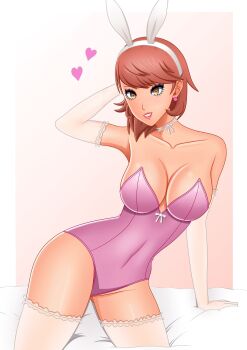 Rule 34 | 1girl, breasts, brown hair, cleavage, earrings, elbow gloves, gloves, jewelry, large breasts, leotard, lips, persona, persona 3, playboy bunny, rabbit ears, ryan (rrl0215), short hair, takeba yukari, thighhighs