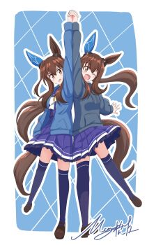 2girls admire_vega&#039;s_twin_sister_(umamusume) admire_vega_(umamusume) animal_ears blue_hoodie blue_jacket blush bow bowtie breasts brown_eyes brown_hair commentary_request ear_covers hair_between_eyes highres holding_hands hood hoodie horse_ears horse_girl horse_tail jacket long_hair long_sleeves looking_at_viewer low_ponytail matty_(matsutomo) multiple_girls one_eye_closed open_clothes open_jacket open_mouth ponytail purple_sailor_collar purple_serafuku purple_shirt purple_skirt purple_thighhighs sailor_collar sailor_shirt school_uniform serafuku shirt siblings single_ear_cover skirt smile tail thighhighs tracen_school_uniform umamusume umamusume:_road_to_the_top white_bow white_bowtie