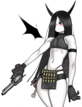 Rule 34 | 1boy, androgynous, bare shoulders, bat wings, beel (kelvin hiu), black eyes, black gloves, black hair, black thighhighs, bulge, closed mouth, cowboy shot, crop top, crossdressing, crossdressing (mtf), curvy, demon boy, expressionless, gloves, gun, hair over one eye, highleg, highleg panties, highres, holding, holding gun, holding weapon, horns, kelvin hiu, long hair, looking afar, micro shorts, mini wings, navel, original, panties, pectorals, revealing clothes, shorts, simple background, solo, standing, thighhighs, trap, underwear, very long hair, weapon, whale tail (clothing), wide hips, wings