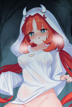 1girl :q absurdres alternate_costume aqua_eyes blue_nails blush bottomless breasts commentary_request ewaaawa genshin_impact ghost_costume heart heart-shaped_pupils highres long_hair low_twintails medium_breasts nilou_(genshin_impact) out-of-frame_censoring paid_reward_available red_hair solo symbol-shaped_pupils tongue tongue_out twintails