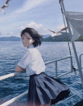 1girl absurdres against_railing animal bird black_hair black_skirt boat commentary_request day floating_clothes forehead from_behind grin highres hill leaning_forward looking_at_viewer looking_back mountainous_horizon o_kizo on_boat original outdoors photorealistic pleated_skirt railing realistic scenery school_uniform seagull shirt shirt_tucked_in shore short_hair short_sleeves skirt smile solo water watercraft white_shirt wind