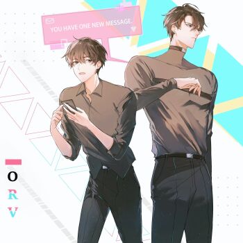 2boys belt black_belt black_choker black_gloves black_hair black_pants black_shirt choker closed_mouth commentary copyright_name cowboy_shot curtained_hair english_text gloves highres hitting holding holding_phone kim_dokja long_sleeves looking_to_the_side male_focus multiple_boys omniscient_reader's_viewpoint pants phone shirt shirt_partially_tucked_in sleeves_rolled_up strap user_interface xiaotujiii yoo_joonghyuk