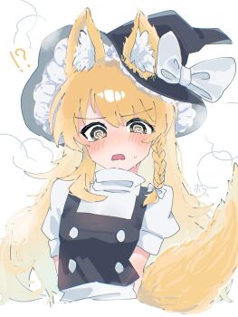 Rule 34 | !?, 1girl, @ @, animal ears, annnu, arms behind back, black hat, black vest, blonde hair, blush, bow, braid, commentary request, fox ears, fox girl, fox tail, hair bow, hat, hat bow, highres, kirisame marisa, long hair, open mouth, puffy short sleeves, puffy sleeves, short sleeves, side braid, single braid, solo, sweat, tail, touhou, very long hair, vest, white bow, witch hat, yellow eyes