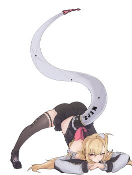 Rule 34 | 1girl, ahoge, bare shoulders, black shoes, black shorts, black skirt, blonde hair, blush, brown thighhighs, cissia (zenless zone zero), closed mouth, commentary request, detached sleeves, fingernails, hair between eyes, hair ornament, hands on ground, highres, jack-o' challenge, long hair, looking at viewer, metal wrist cuffs, miniskirt, pink nails, pom pom (clothes), pom pom hair ornament, red eyes, samejimamayu, shoes, shorts, simple background, skirt, snake girl, snake tail, solo, spread legs, tail, thighhighs, top-down bottom-up, white background, wide spread legs, zenless zone zero