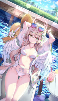 1girl absurdres alternate_costume angel_wings arm_behind_head arms_up bikini blonde_hair blue_archive blue_sky breasts building chair city commentary crossed_bangs cup dated_commentary day drink drinking_glass drinking_straw dutch_angle eyewear_on_head flower food fruit gradient-tinted_eyewear groin hair_between_eyes hair_flower hair_ornament halo hat heart heart-shaped_eyewear highres juice lemon lemon_slice lens_flare light_particles long_hair looking_at_viewer lounge_chair medium_breasts nagisa_(blue_archive) natie navel on_chair open_clothes open_shirt outdoors parted_lips pink_halo shirt sitting sky solo stomach straw_hat sun_hat sunglasses swimsuit table thigh_gap thighs tinted_eyewear tree very_long_hair water wet white_bikini white_shirt white_wings wings yellow_eyes