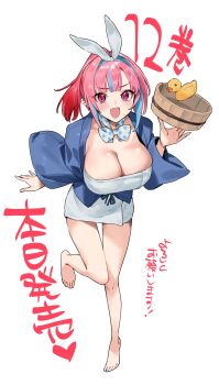 1girl absurdres bare_legs barefoot bow bowtie breasts bucket cleavage clothing_request colored_inner_hair commentary_request fang full_body highres kanan-sama_wa_akumade_choroi kanan_(kanan-sama) large_breasts leaning_forward looking_at_viewer medium_hair multicolored_hair nonco open_mouth pink_eyes pink_hair polka_dot polka_dot_bow polka_dot_bowtie ponytail rubber_duck solo standing standing_on_one_leg translation_request white_background wooden_bucket